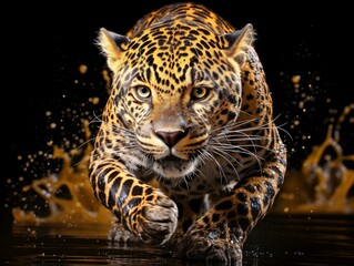 A powerful leopard with intense eyes and vibrant spots, captured in mid-splash, blending realism and motion, showcasing agility and strength