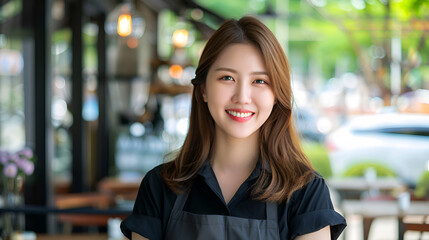 Asian confident smiling woman small business owner wearing uniform standing at the entrance to the cafe. Business concept.