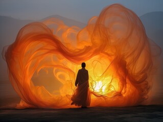 A mesmerizing scene of a person standing before swirling orange flames, creating an ethereal and mystical atmosphere at dawn