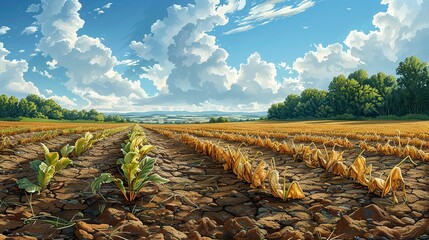 Environment concept, An illustration of drought conditions, with wilted crops and dry soil. Illustration image, Minimal Style, Clean and Clear Color,
