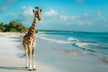 a cute giraffe is on the beach