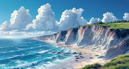 Environment concept, An illustration showing the progression of a coastal cliff eroding and collapsing into the sea. Illustration image, Minimal Style, Clean and Clear Color,