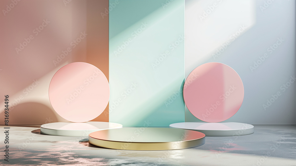 Poster this elegant image features a minimalist design with soft pastel-colored circular platforms