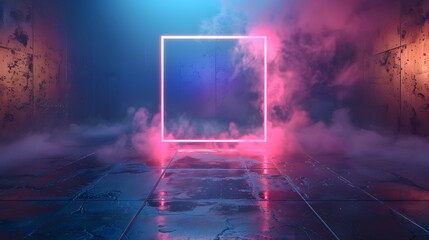 3d render of glowing neon blue and pink rectangle frame on dark background, empty virtual space with glossy floor.
