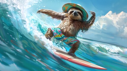 Obraz premium Sloth Surfer Enjoying a Gentle Ocean Wave in Vibrant Tropical Attire