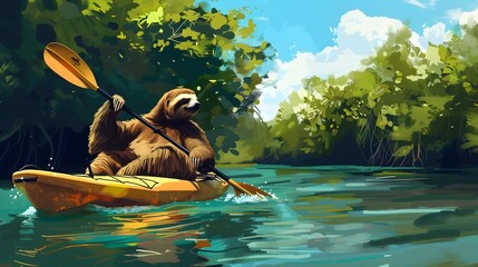 Obraz premium Sloth Paddling Peaceful Mangrove Lined Waterway in Nature s Embrace