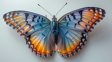 A vibrant rainbow-colored butterfly fluttering gracefully against a pristine white background