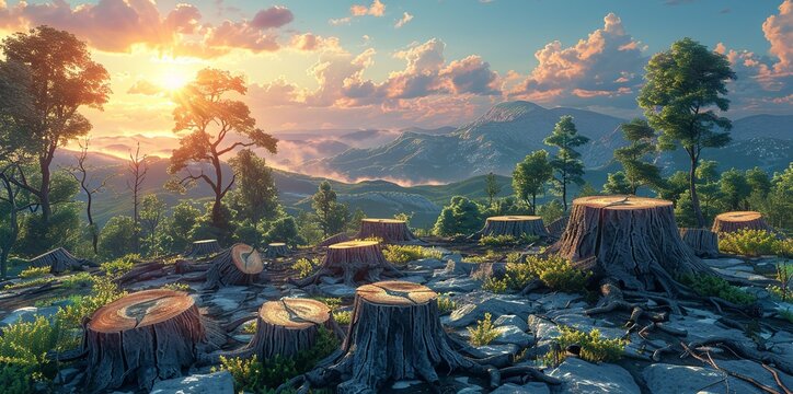 Environment concept, An image of deforestation, with tree stumps and cleared land. Illustration image, Minimal Style, Clean and Clear Color,