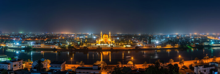 Stylized Night Panorama of N'Djamena with Grand Mosque © Pierre Villecourt