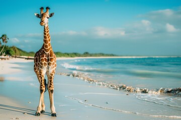 a cute giraffe is on the beach