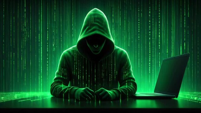 silhouette of a hacker in a hoodie sitting at the table using a laptop, illuminated by a cascade of green binary code, dynamic lines and matrix pattern