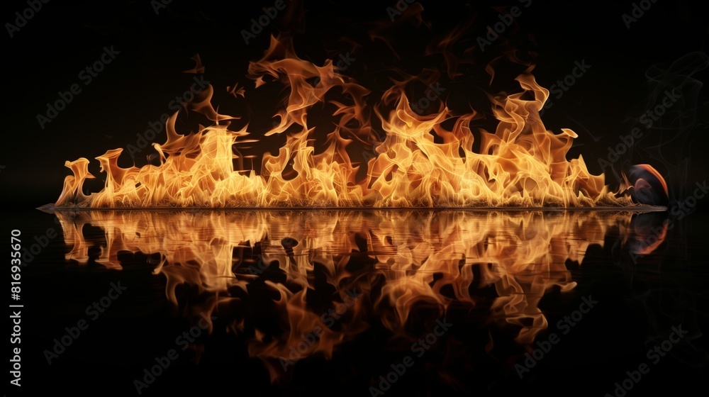 Wall mural Captivating image of intense flames reflected on a smooth surface against a dark background, creating a dramatic and mesmerizing effect.