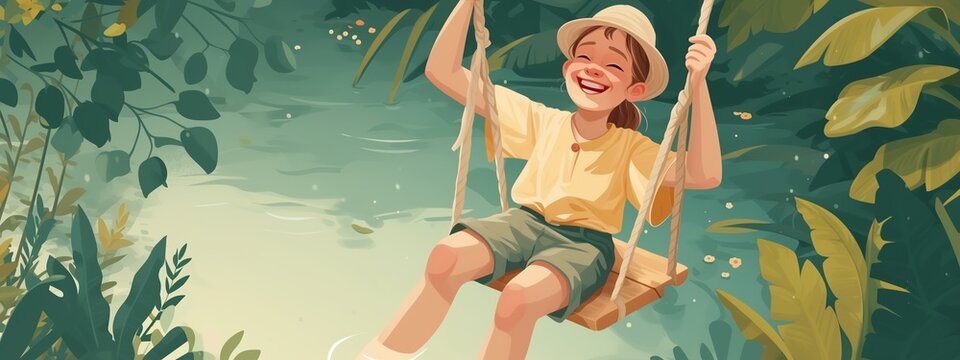 girl on a swing at river in tropical forest, summer mood, children's illustration banner 