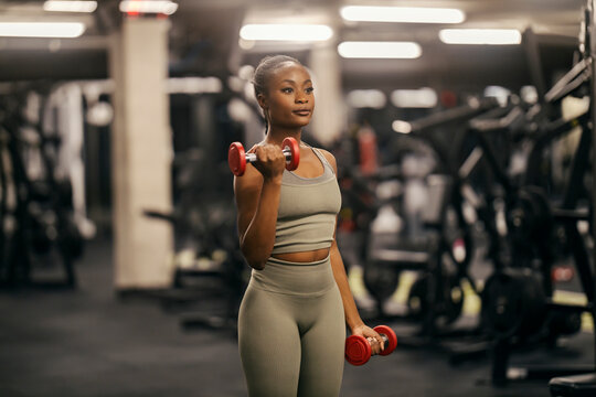 A strong black sportswoman with dumbbells doing workouts for biceps at gym.