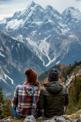 Couple enjoying a romantic Alpine picnic, forming a heart shape, symbolizing their deep love