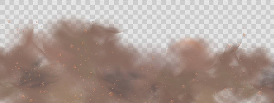 Vector background of a sand explosion with dirt and cloud smoke. Brown sandstorm splash and  dirty ground with a textured wind effect.Yellow flying particles and stone.