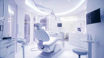 Futuristic dental clinic with advanced equipment, modern design, and purple lighting. The room features a dental chair, overhead light, and various dental tools.