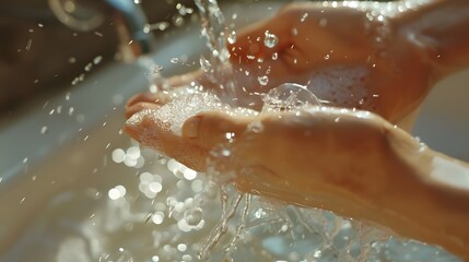 Fototapeta premium A closeup of hands washing under running water, emphasizing the importance and ritual of handwashing. 