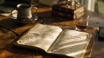 Open vintage book on a wooden table with sunbeams shining through a window