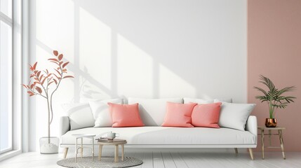 Minimalistic Living Room with White and Pink Decor and Elegant Furniture, Bright and Airy Interior, Ideal for Contemporary Home Design and Comfort