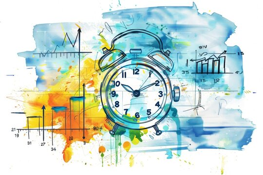 Vibrant watercolor clock and strategic graphs as an artistic portrayal of time management