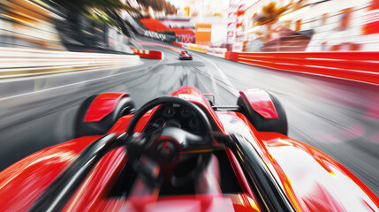 Fototapeta premium Dynamic view from the driver's seat of a racing car speeding on a race track, showcasing intense motion blur, sharp curves, and vibrant colors for an adrenaline-fueled experience.