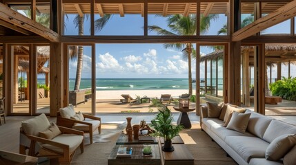 Obraz premium Luxurious Living Room with Ocean View and Elegant Decor, Bright and Airy Interior, Ideal for Contemporary Home Design and Relaxation