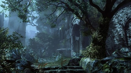Overgrown stone ruins in a mystical forest for fantasy or horror design