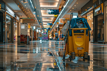 Efficient cleaning cart maintaining a clean and inviting environment in a bustling shopping mall