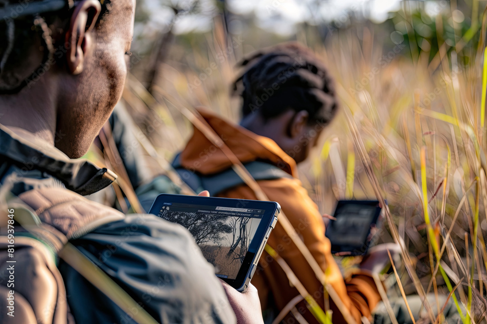 Wall mural scientists utilizing digital devices for wildlife conservation data collection in the field
