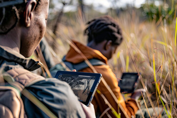 Scientists utilizing digital devices for wildlife conservation data collection in the field