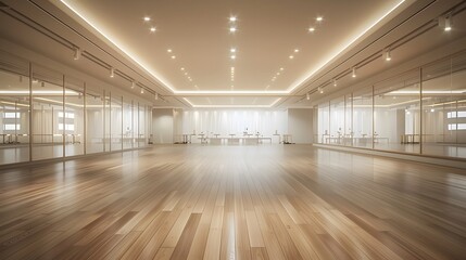 Fototapeta premium A large dance studio with mirrors on the wall and a wooden floor, white ceiling, and lights in the background. 