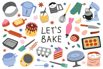 Baking utensils set, kitchenware collection, whisk, sifter, mixer doodle icons, vector illustrations of ingredients for cookies and cakes, cartoon baker equipment with lettering, lets bake