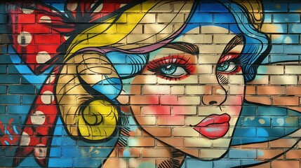 Graffiti portrait of beautiful pinup woman on street brick wall