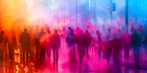 Fototapeta premium Blurred crowd in city street fog abstract urban background social issues. Concept City Life, Urban Photography, Social Commentary, Street Scenes, Blurred Background