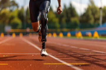 Fototapeta premium Adaptive athlete running with prosthetic leg. Empowering sports imagery.