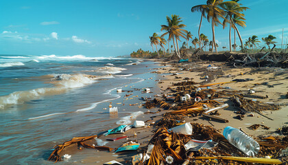 Pollution Crisis: Beach Devastation - Plastic waste blankets shore, underscoring need for action. Bottles, debris mar tropical beauty spotlighting global problem Eco issues and Earth Day concept.