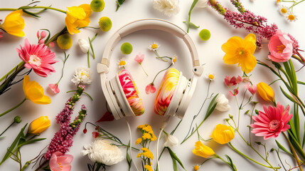 A pair of over-ear headphones with colorful ear pads surrounded by an arrangement of various vibrant flowers on a white background, creating a cheerful and artistic scene.
