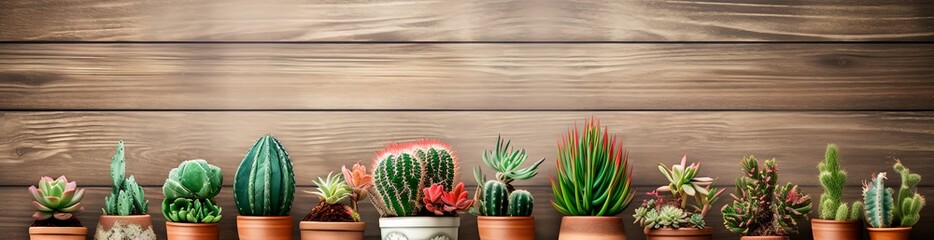 banner various types of miniature cactus pot rew on plant market wooden background shelf mexican floral botany desert plants succulent