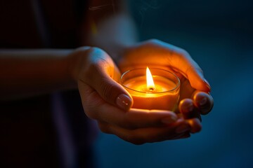 A Woman Holding A Lit Candle In Her Hands Praying Closeup