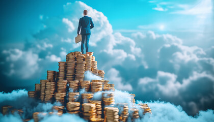Businessman stands on top of golden coin stacks amidst clouds, symbolizing financial success, achievement. Briefcase in hand, he gazes confidently into horizon, representing ambition, determination