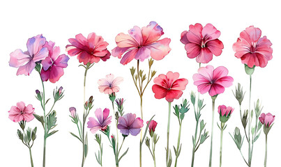 Obraz premium Watercolor illustration of vibrant pink wildflowers with green leaves, detailed petals, and natural botanical elements