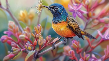 Fototapeta premium A beautiful hummingbird hovers near a flower, its long, thin beak is extended towards the flower