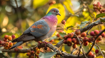 A beautiful pigeon with vibrant feathers perches on a branch adorned with clusters of ripe berries, creating a captivating scene that embodies the harmony of nature's colors.