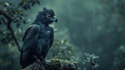 A black bird of prey with red eyes is perched on a branch in the rain.