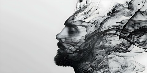 Highresolution black and white ink blot art of mans face for mental health awareness. Concept Mental Health, Ink Blot Art, Black and White, Faces, Awareness