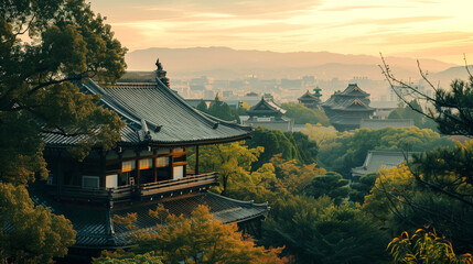 A serene landscape at sunset featuring traditional Japanese architecture nestled among lush green trees, with a distant city and mountains in the background.