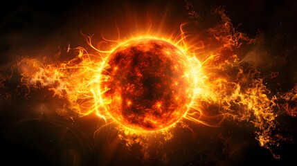 Fototapeta premium A powerful solar flare erupting from the surface of The Sun, with bright flames and energy emanating outwards into space against a black background. 
