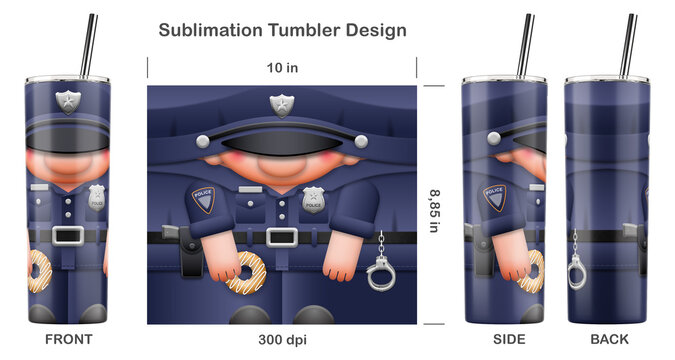Funny policeman cartoon character. Seamless sublimation template for 20 oz skinny tumbler. Sublimation illustration. Seamless from edge to edge. Full tumbler wrap.