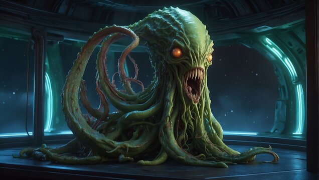 A terrible octopus-like green monster in a space laboratory